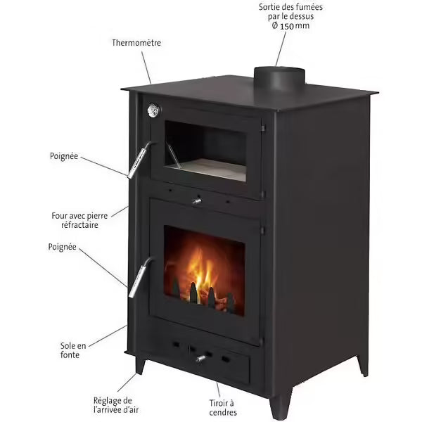 Poêle à bois avec four Rosa 10 | Bûches 50cm - Noir INTERSTOVES