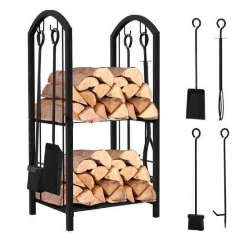 Porte-bûches avec 4 outils 38x33x75cm - métal