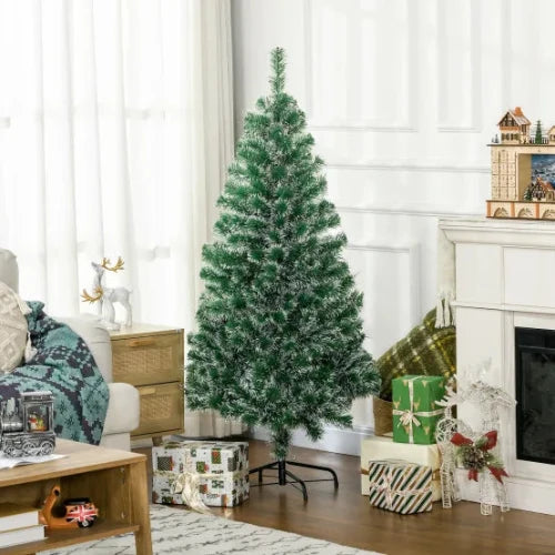 Sapin de Noël Artificiel 150 cm Effet Neige PET Vert avec Pied en Métal Stable