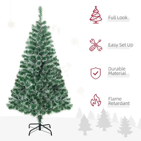Sapin de Noël Artificiel 150 cm Effet Neige PET Vert avec Pied en Métal Stable