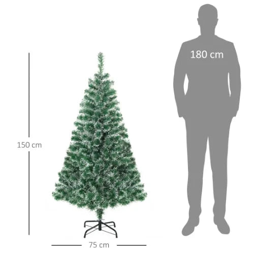 Sapin de Noël Artificiel 150 cm Effet Neige PET Vert avec Pied en Métal Stable