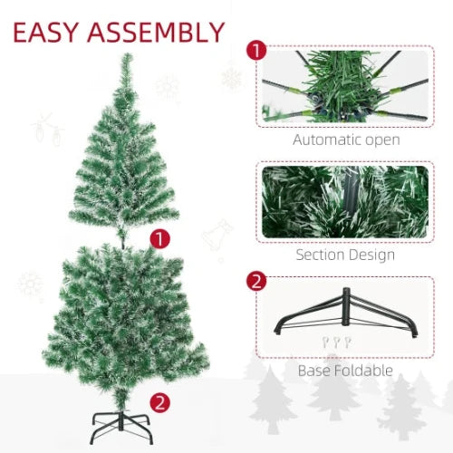 Sapin de Noël Artificiel 150 cm Effet Neige PET Vert avec Pied en Métal Stable