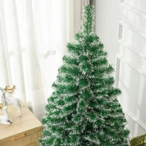 Sapin de Noël Artificiel 150 cm Effet Neige PET Vert avec Pied en Métal Stable